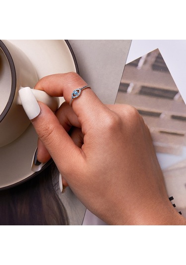 S925 Sterling Silver Turquoise Devil Eye Women Ring, Size:6 Çok Renkli