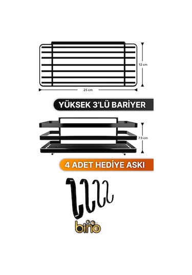 Bino Y01 4 Askılı Yapışkanlı 2'li Şampuanlık Organizer Banyo Askısı Siyah