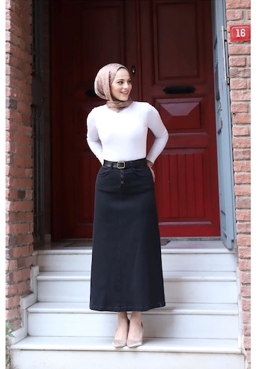 Vellıchor Doğal Kumaşlı Kemerli Kot Etek- 001