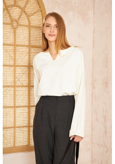 Kadın Ekstra Uzun Duble Kol / Yakası Yırtmaçlı Salaş Sweatshirt Bluz 3470190 Beyaz