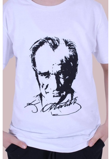 Atatürk Imzalı Ve Baskılı Unisex Çocuk Beyaz Tişört Beyaz