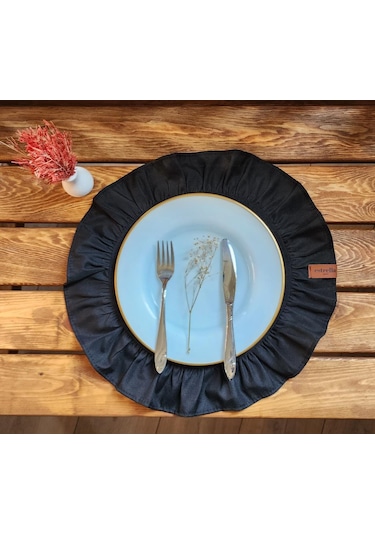 Lizbon Keten Yuvarlak Fırfırlı 2 Li Vintage Amerikan Servis Siyah 40x40