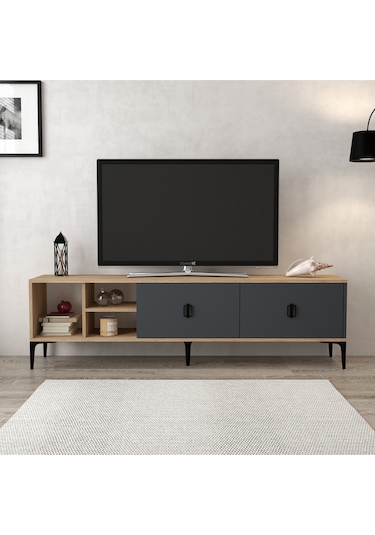 3805 Era Tv Ünitesi 180 Cm 2 Kapaklı Raflı Sepet - Antrasit Tv Sehpası Antrasit - Sepet Çok Renkli