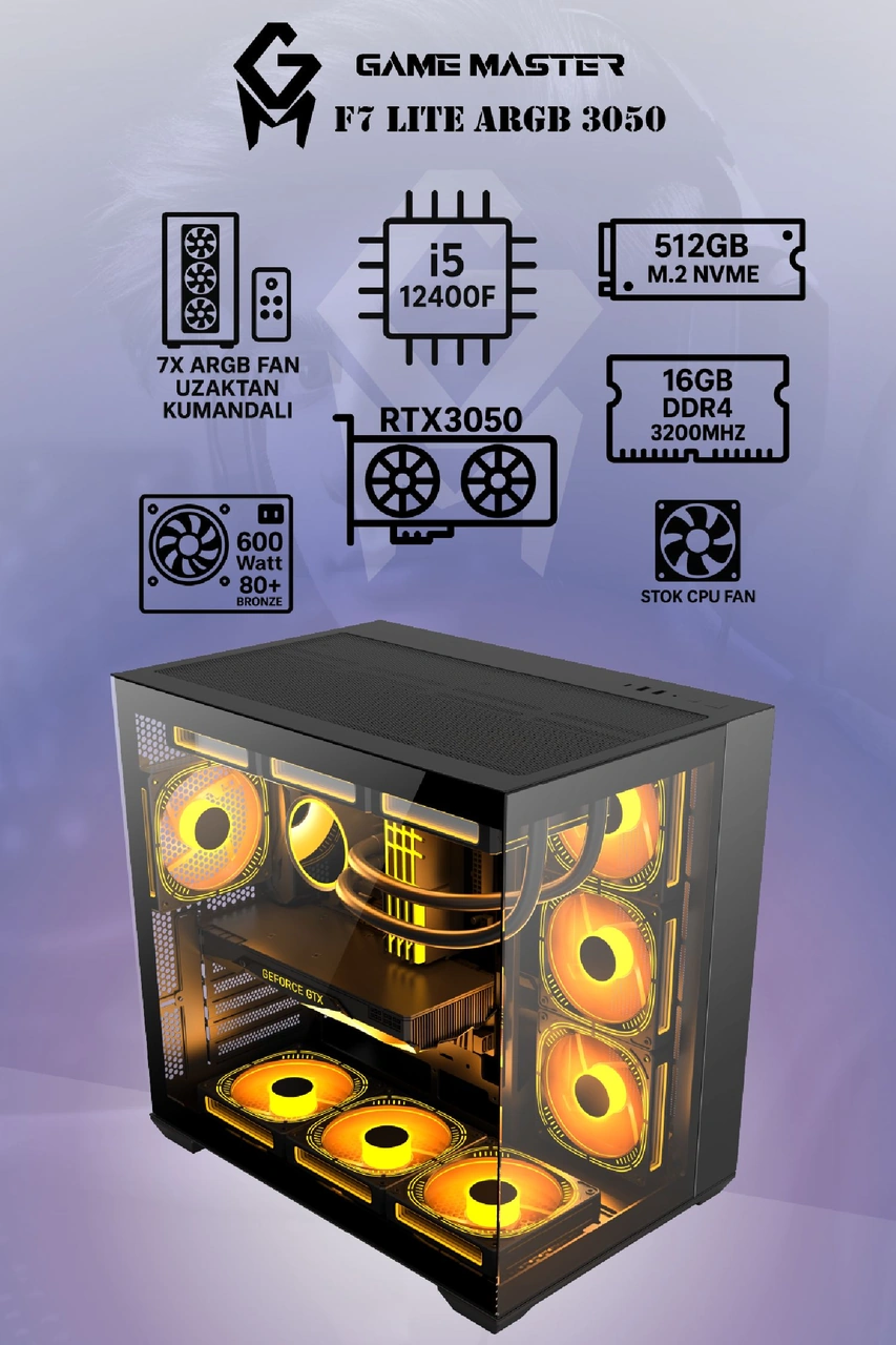 Game Master F7 Lite İ5-12400F 16 GB 512 GB RTX3050 Dos Masaüstü Oyuncu Bilgisayarı