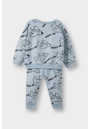 Defacto Erkek Bebek 2li Takım Baskılı Sweatshirt Eşofman Altı F0219a525aube523 Mavi