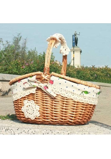 Pazly Cbtx Açık Dokuma Piknik Sepeti Pamuk Ve Keten Kumaş Hasır S Kiraz Ahşap
