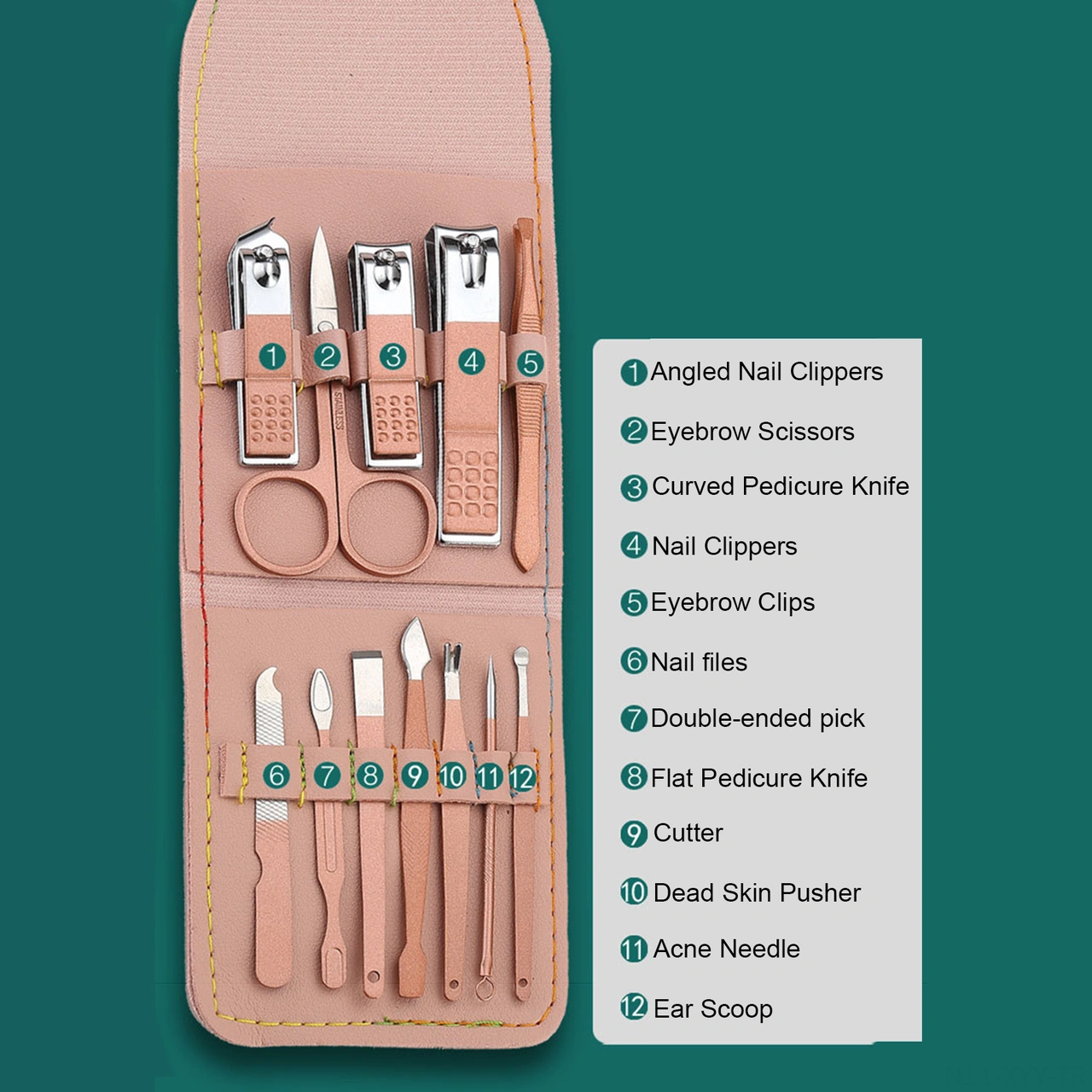 Yaleker Stainless Steel Manikür Takımı - 12 Parça Çekiçli Pedi Kiti, Farklı Renk Seçenekleriyle Tırnak Bakımı Seti Yeşil