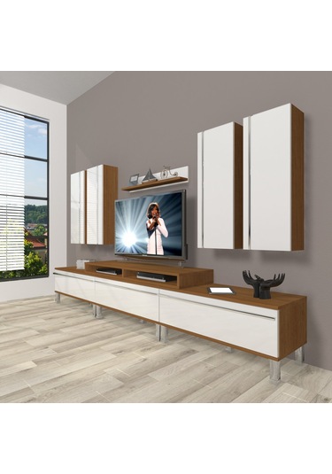 Decoraktiv Ekoflex 8d Mdf Krom Ayaklı Tv Ünitesi Tv Sehpası Ceviz - Beyaz