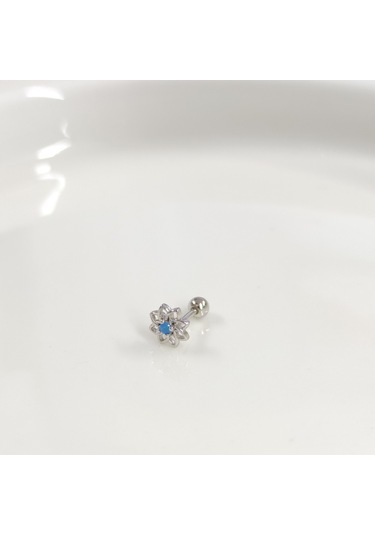 Mavi Taşlı Yıldız Çiçek Gümüş Tragus Pıercıng - Rodyum Beyaz Beyaz