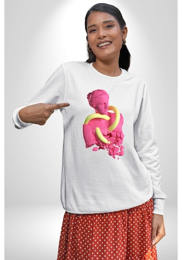 Pop Art Yaratıcı Heykel Pembe Unisex Beyaz Sweatshirt Beyaz