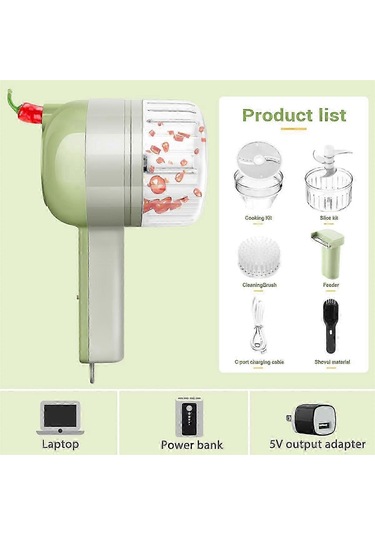 4'ü 1 Arada Elde Taşınabilir Elektrikli Sebze Doğrama Seti Çok İşlevli Chili Sebze Öğütücü Zencefil Ezici Yeşil Siyah