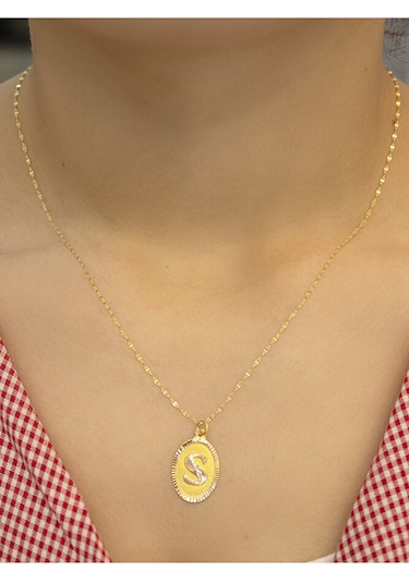 14 Ayar Altın Aynalı Oval S Harfli Kolye Altın