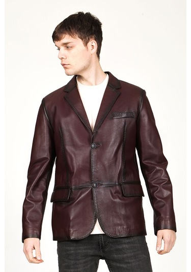 Dericlub Erkek Venedik Kruvaze Yaka Hakiki Deri Blazer Ceket Bordo Bordo