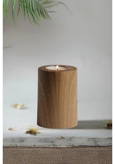 3 Lü Ahşap Kaplama Yüzey Mumluk Dekoratif Tealight Set Mum Abs P