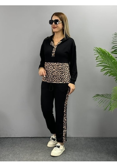 Kadın Uzun Kollu Leopar Detay Sweat Ve Yanı Leopar Şerit Detay Pantolon Ikili Takım Siyah