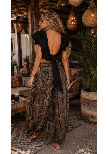 Na Addesıgn Bohem Chic Bluz Sırt Dekolteli Fırfır Kol Tasarım Crop Siyah