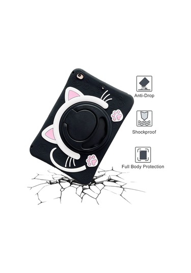 Apple Ipad 8. Ve 9. Nesil 10.2 Inç 2020 / 2021 Uyumlu Kedi Kılıf Standlı Eğlenceli Koruma Siyah