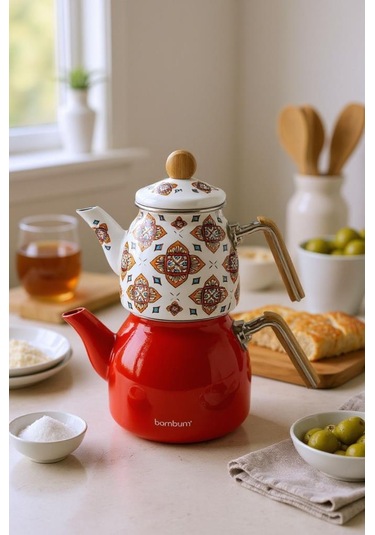 Bambum Unique - Bambu Kulplu Emaye Çaydanlık Takımı Turuncu