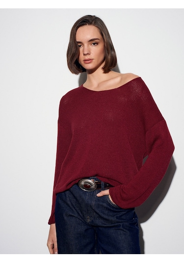 10706 Oval Yaka Dökümlü Kazak-koyu Bordo Koyu Bordo