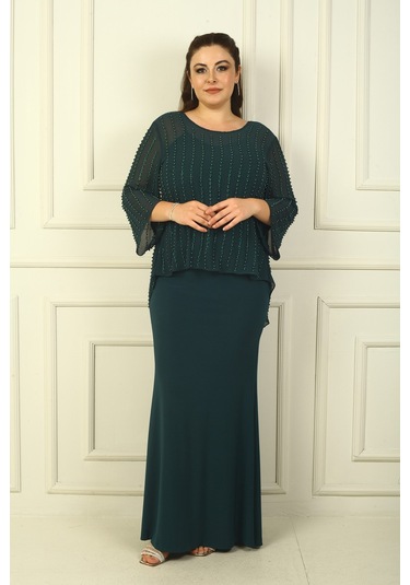 İçi İp Askılı Astarlı Uzun Sandy Elbise Arkası Düğmeli Boncuklu Şifon Bluz Büyük Beden 2'li Takım Zümrüt