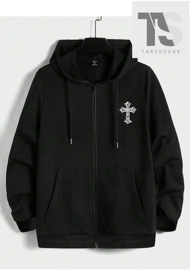 Tarzsokak Haç Sembol Sweatshirt Fermuarlı Hırka Siyah Siyah
