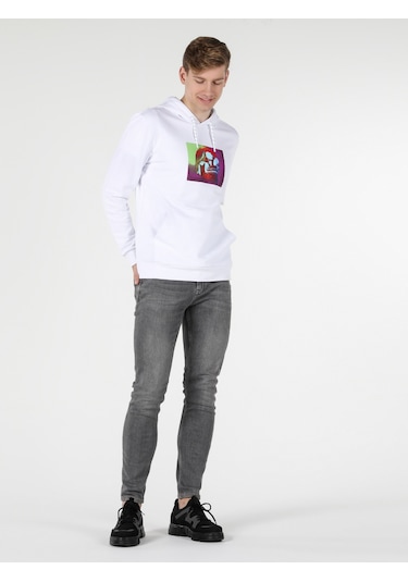 Colins Regular Fit Kapüşonlu Baskılı Beyaz Erkek Sweatshirt Cl1057312 Beyaz