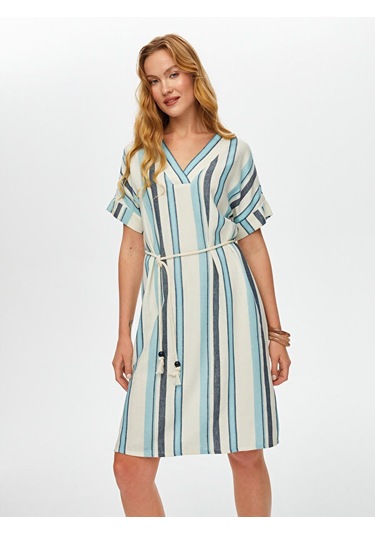 Çizgili Gömlek Yaka Kemerli Keten Karışımlı Elbise S25elb040 Us25elb04027 Indigo