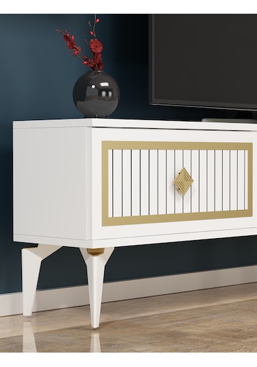 Nil Şömineli Tv Ünitesi Beyaz-altın