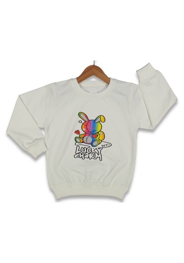 Kız Çocuk Önü Kolu Renkli Ayıcık Desenli Ekru Renk Sweatshirt Ekru