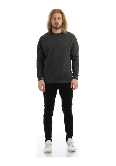 Erkek Bisiklet Yaka Karyoka Dikişli Sweatshirt Antrasit