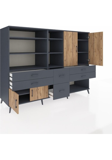 Kronos Dolap 10 Raflı 6 Çekmeceli 4 Kapaklı 220x59x163 Antrasit-ç Antrasit-çam/antrasit