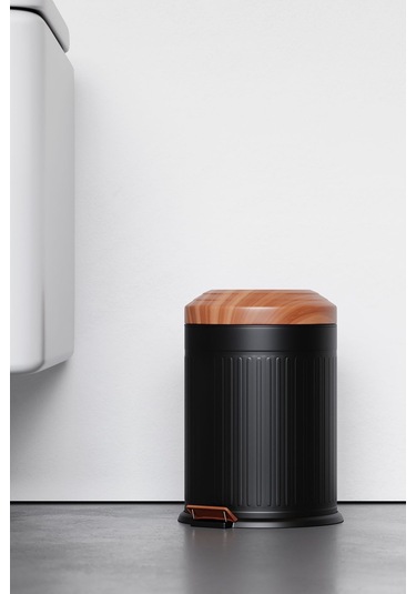 Zift Unique Mat Siyah Çöp Kovası- Vintage Model Ahşap Desenli 5lt Kovalı Çöp Kutusu, Amortisörlü Çöplük Siyah