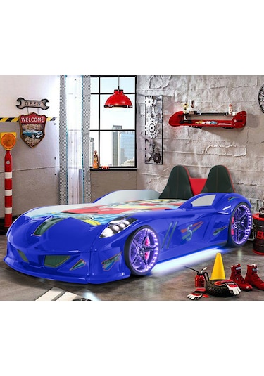 Setaymobilya Arabalı Yatak , Jaguar Koltuklu Full Ledli Arabalı Yatak , Mavi