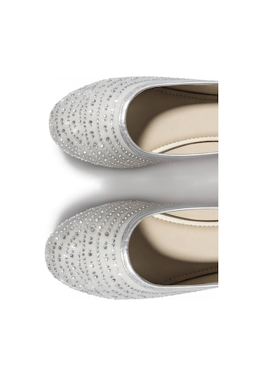 Günlük Altın Kadın Babet Oval Burun Gümüş Taşlı Saten Ortopedik Hafif Ev İş Ofis Ayakkabı 38 Gümüş