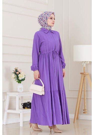 Gömlek Yaka Beli Tünelli Sare Elbise-mor-5069 Mor