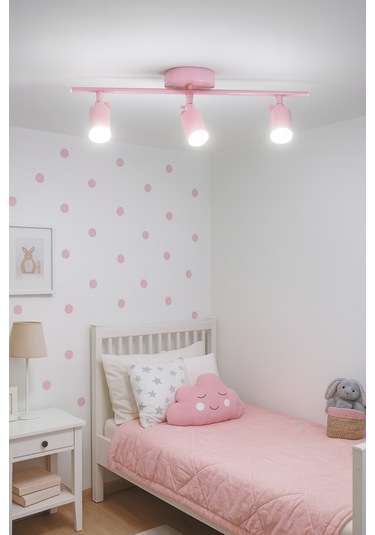 Spoti 3'lü Pembe Renk Beyaz Işık Modern Tasarım Salon - Mutfak - Banyo Spot Ledli Sıralı Avize Pembe