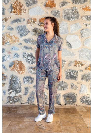 Kadın Kısa Kol Önden Düğmeli Gri Pijama Takım C3t0n04y42 001