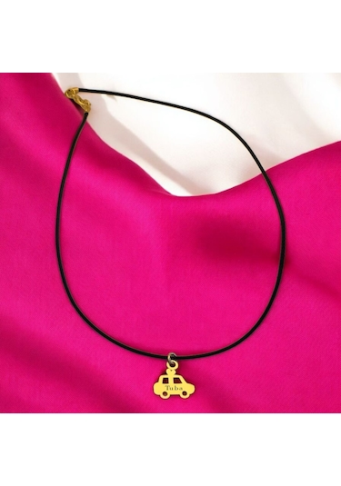 Tuba İsmine Özel 14 Ayar Altın Plakalı Siyah Bağlıklı Araba Figürlü Hediyelik Kolye-630isim Tuba