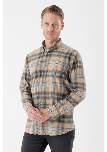 Hardal Uzun Kollu Ekoseli Gabardin Sert Yaka Cepli Garnili Casual Comfort Fit Gömlek 1004235112-hardal Hardal