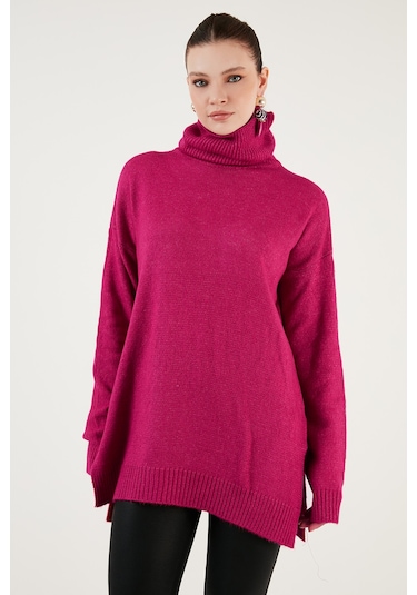 Lela Regular Fit Yanları Yırtmaçlı Boğazlı Yaka Uzun Triko Bayan Kazak 4616141Y Fuşya