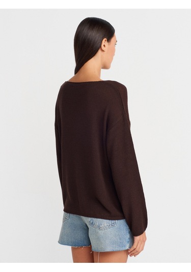 Dilvin 10706 Oval Yaka Yumuşak Dokulu Triko Kazak-koyu Kahve Koyu Kahve