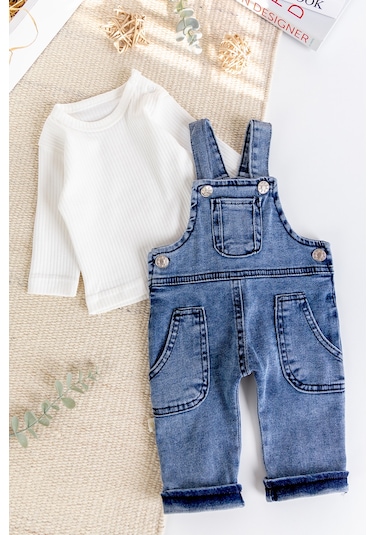 Çep Detaylı Erkek Bebek Salopet Tulum Set mavi