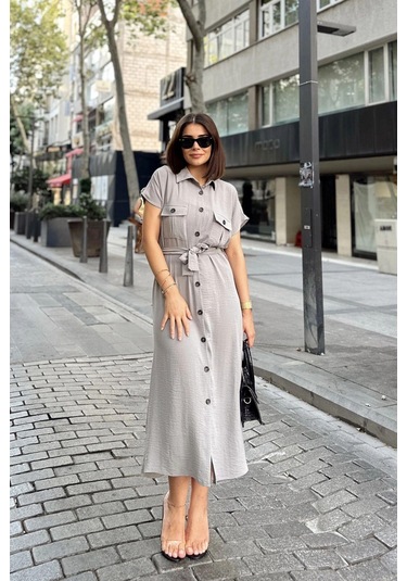 Gri/taş Kısa Kol, Gömlek Yaka, Düz Desen, Çift Cepli, Aerobin Kumaş, Kuşaklı Maxi Elbise Gri