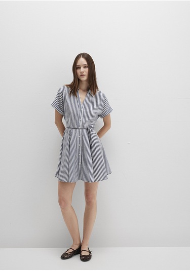 Mavi - Çizgili Beli Bağcıklı Mini Elbise 1310763-91086 Lacivert