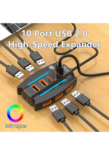 Xuweiwei 1 Adet Siyah Yüksek Hızlı 10 Portlu Usb 2 0 Hub Rgb Işıklı Çoklu Cihaz Ayrıcı Veri Aktarım Tak Çalıştır 36v Bilgisayar Aksesuarı