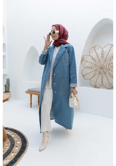 Neways 6655-kuşaklı Denim Ceket Mavi Mavi
