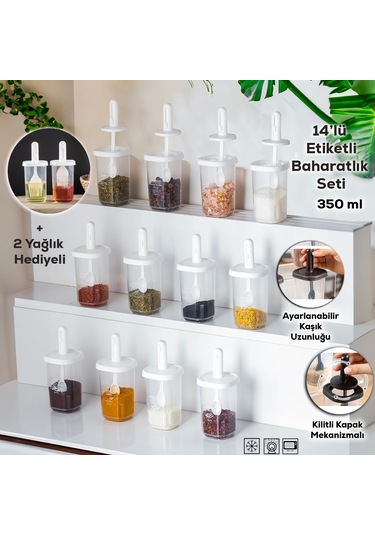 Porsima 1103 14lü Kaydırmalı Kaşıklı Kapaklı Baharatlık Seti Beya Beyaz