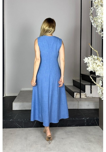 G1385 Zincir Detaylı Kolsuz Keten Elbise İndigo Indigo