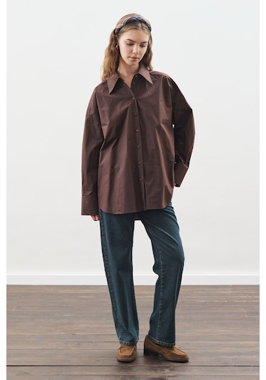 Tasarım Detaylı Oversıze Gömlek Acı Kahve Acı Kahve