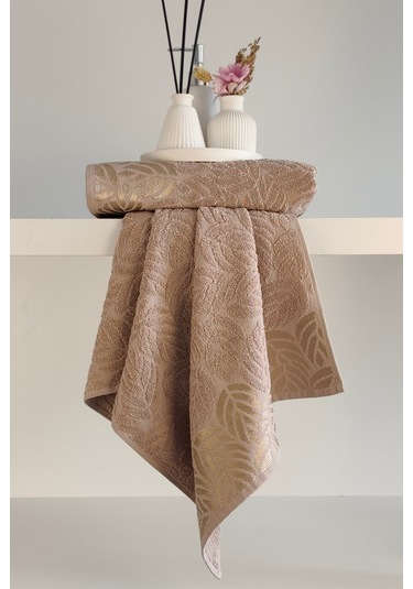 2'li Jakarlı Yaprak Desenli %100 Pamuk El Yüz Havlusu-50x90cm-kapuçino Cappuccıno Cappuccino